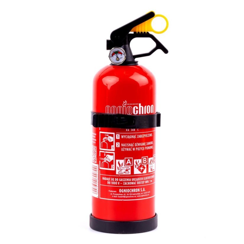 Práškový hasicí přístroj ABC s manometrem a věšákem, 1 kg Práškový hasicí přístroj ABC s manometrem a věšákem, 1 kg